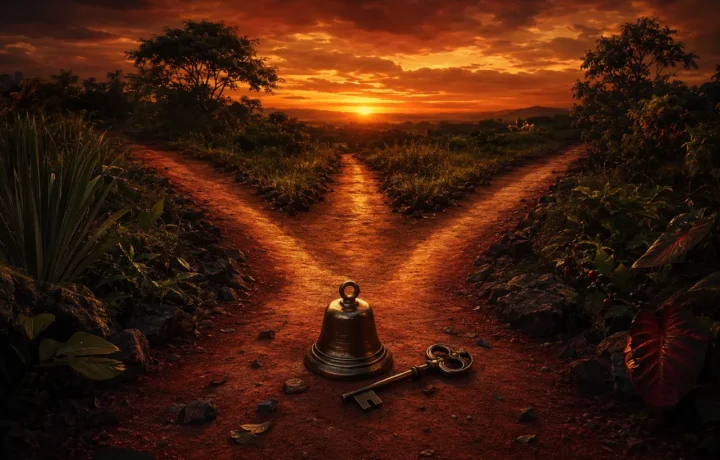 Encruzilhada simbólica com sino e chave ao pôr do sol