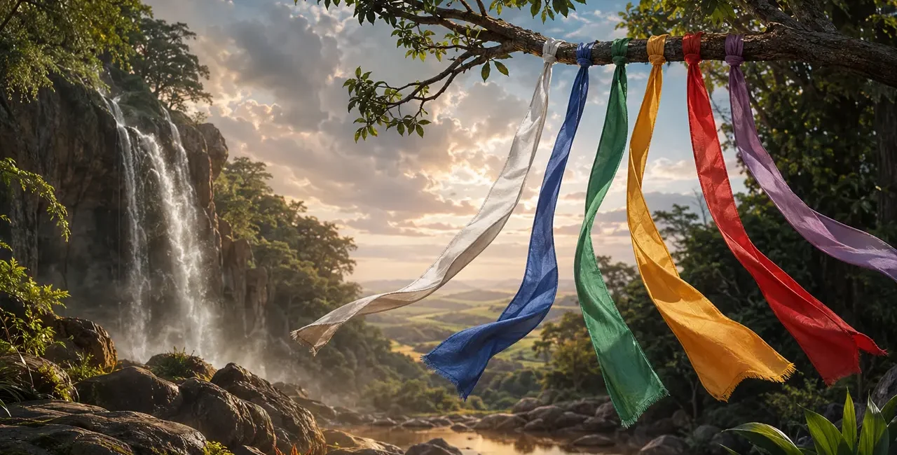 Fitas coloridas diante de cachoeira e paisagem natural brasileira
