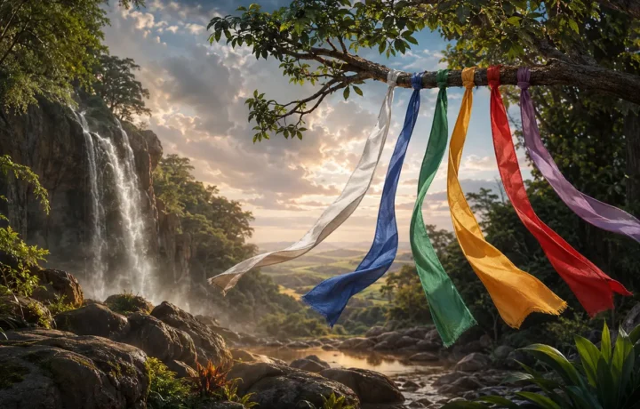 Fitas coloridas diante de cachoeira e paisagem natural brasileira