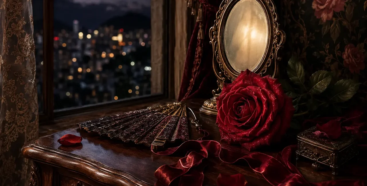 Rosa vermelha, espelho e leque em composição noturna elegante