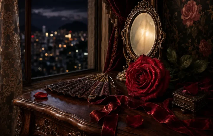 Rosa vermelha, espelho e leque em composição noturna elegante